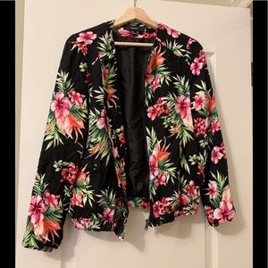 Forever 21 Black/Tropical Palm Print Bomber Jacket